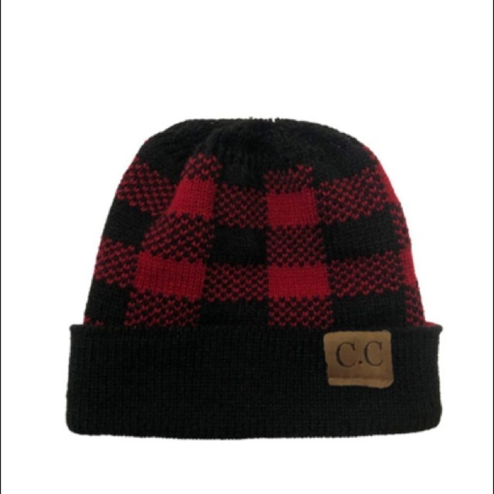 C.C Red and Black Buffalo Plaid Ponytail Hole Beanie NEW